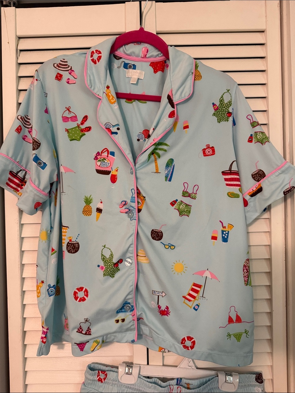 Women’s Light Blue Printed Short PJ Set with Pink Trim - Picture 3 of 8